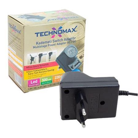 Technomax 1.5 -12 Volt 500 mA Kademeli Adaptör PT-500